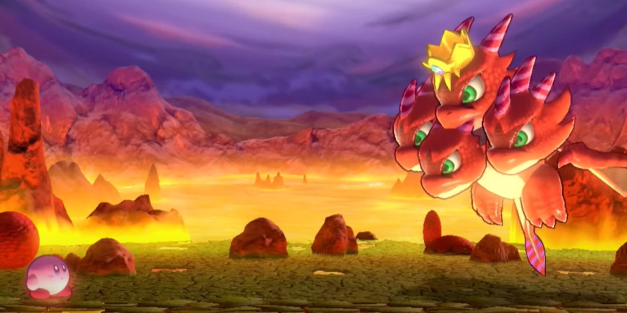 Kirby battling Landia in a volcano