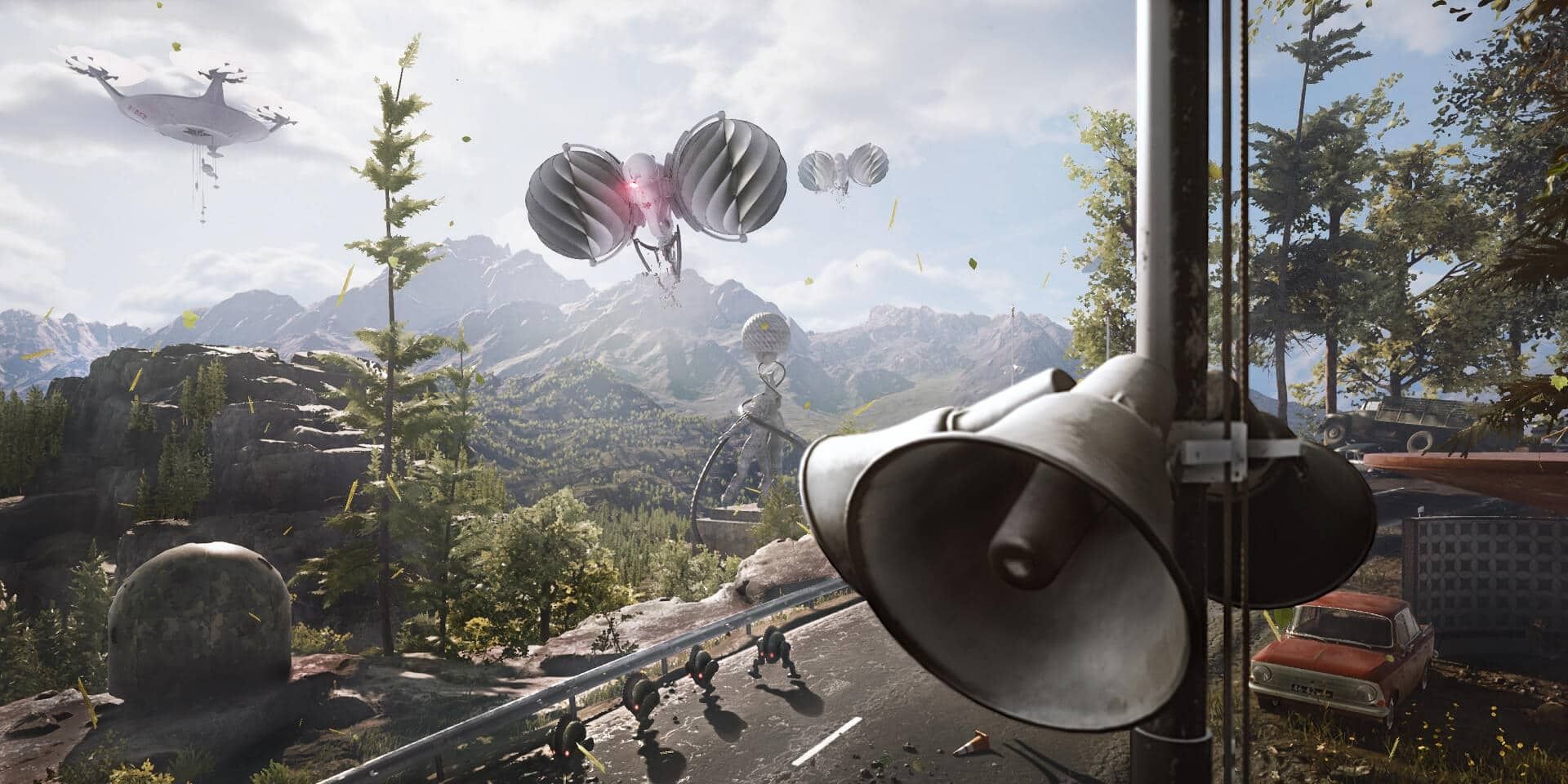 Landscape with robots flying