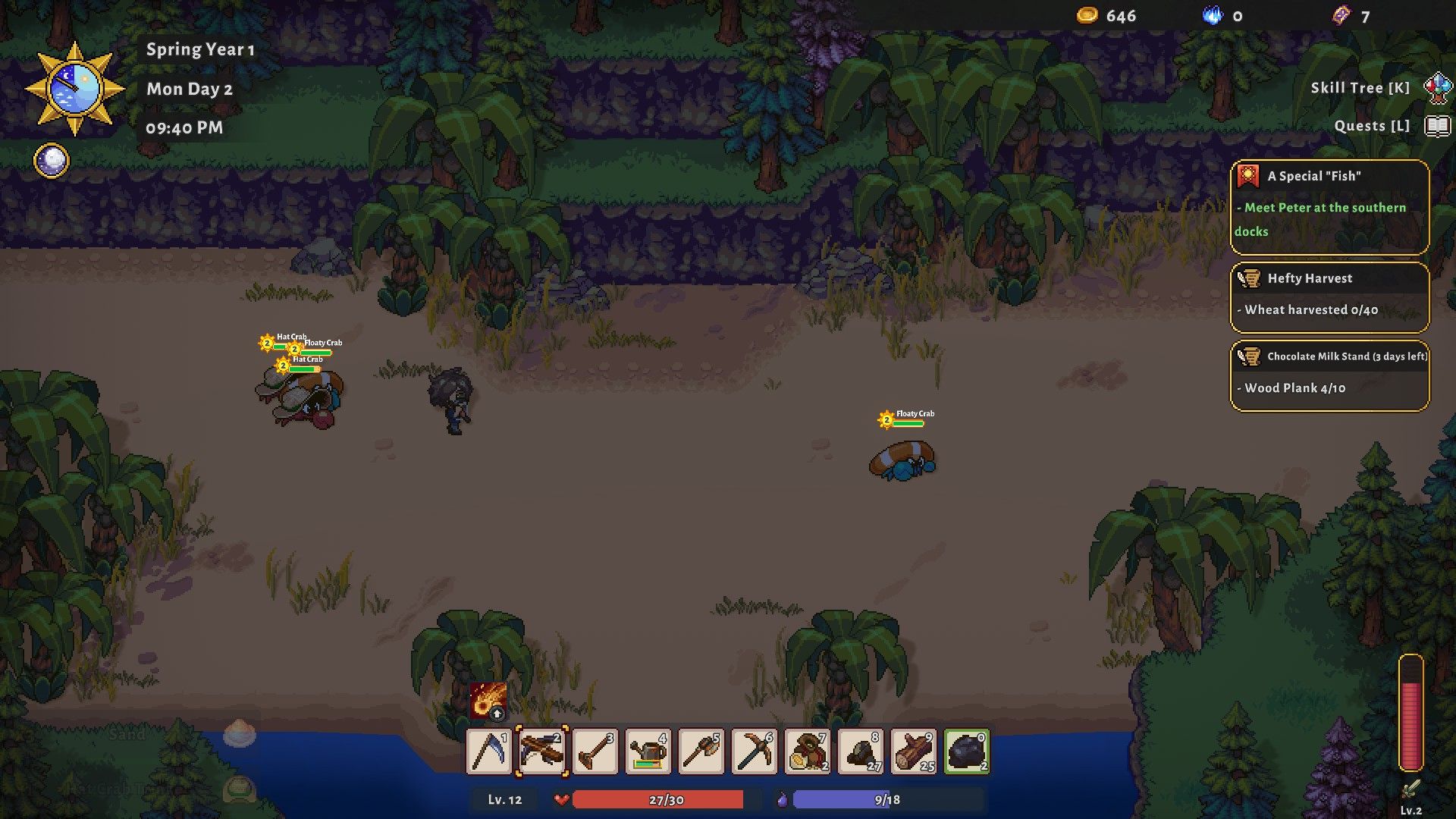 A human kites and fights off crab enemies with a crossbow in Sun Haven.
