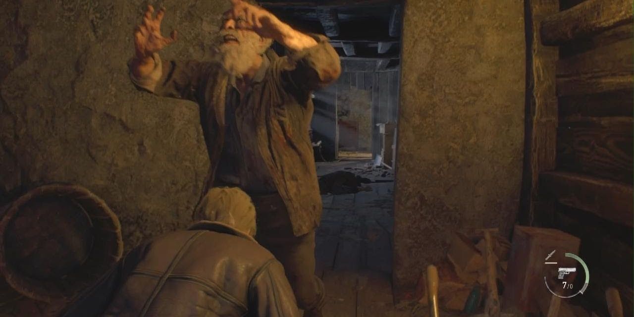 Leon Crouching when an enemy lunges in Resident Evil 4 remake