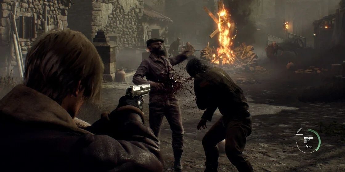 Leon shooting an enemy to stagger him in Resident Evil 4
