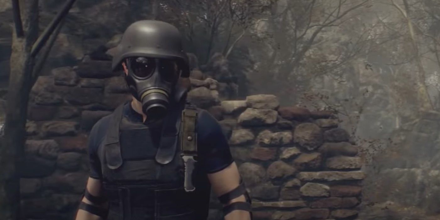 Leon wearing a Gas Mask in Resident Evil 4 remake.