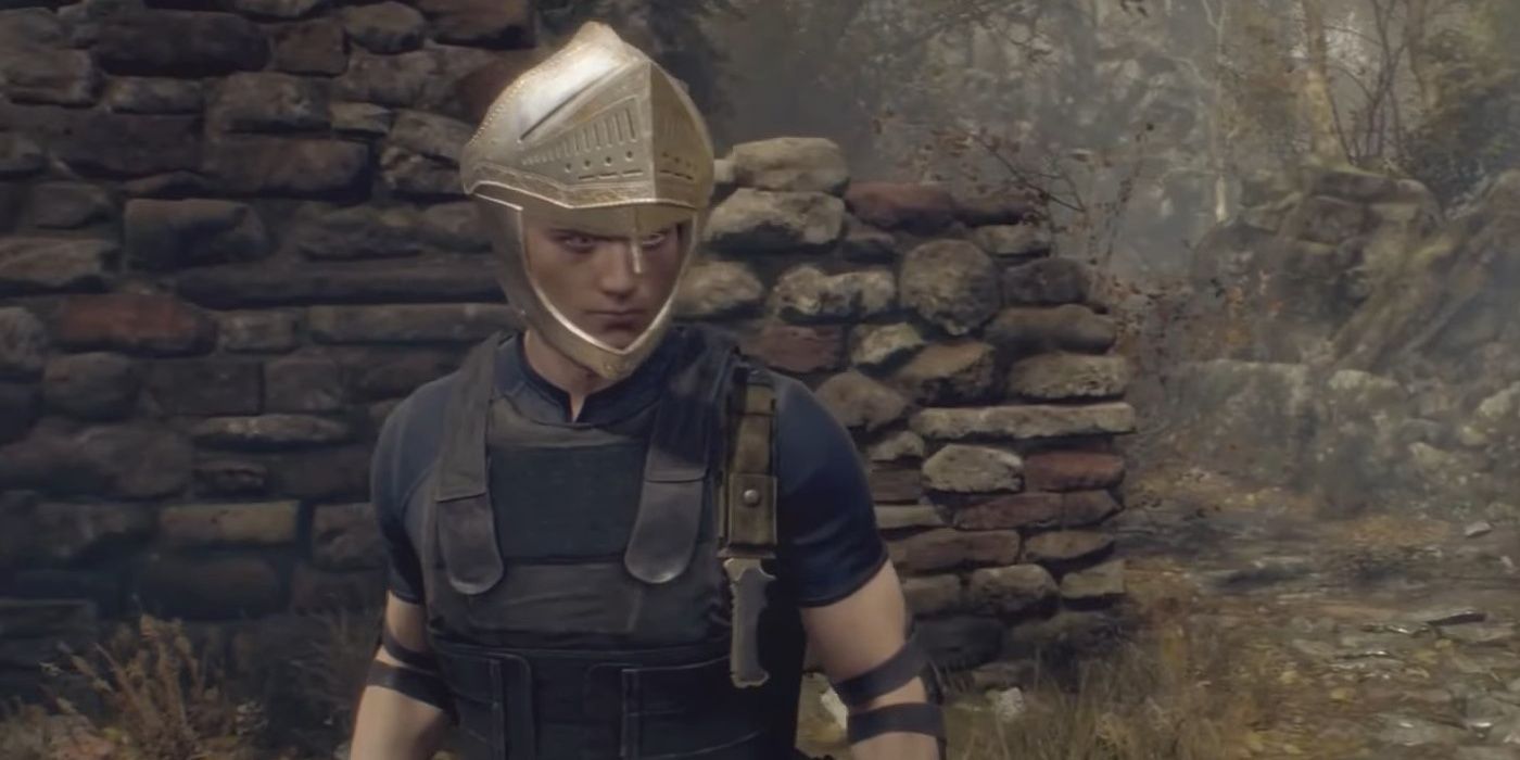 Leon wearing an Iron Helmet
