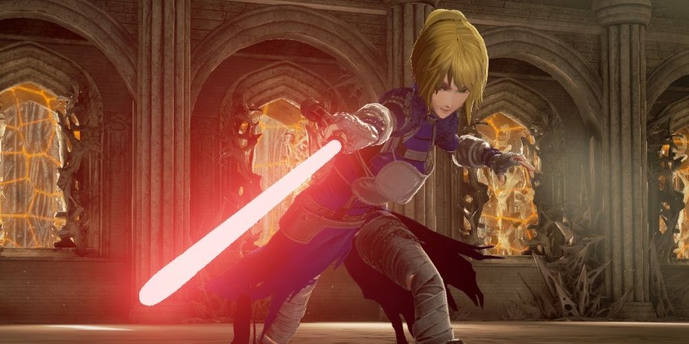 a character wields a red lightsaber