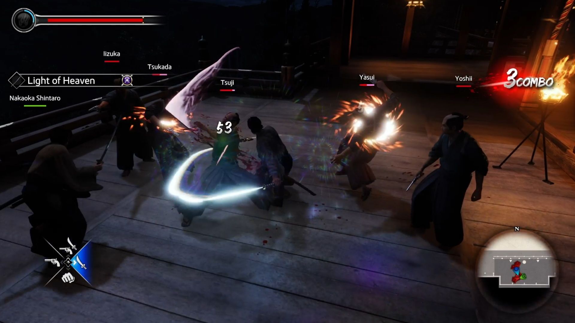 Like A Dragon Ishin, Chapter 4, Ryoma using his dashing attack to hit multiple Tosa Loyalists