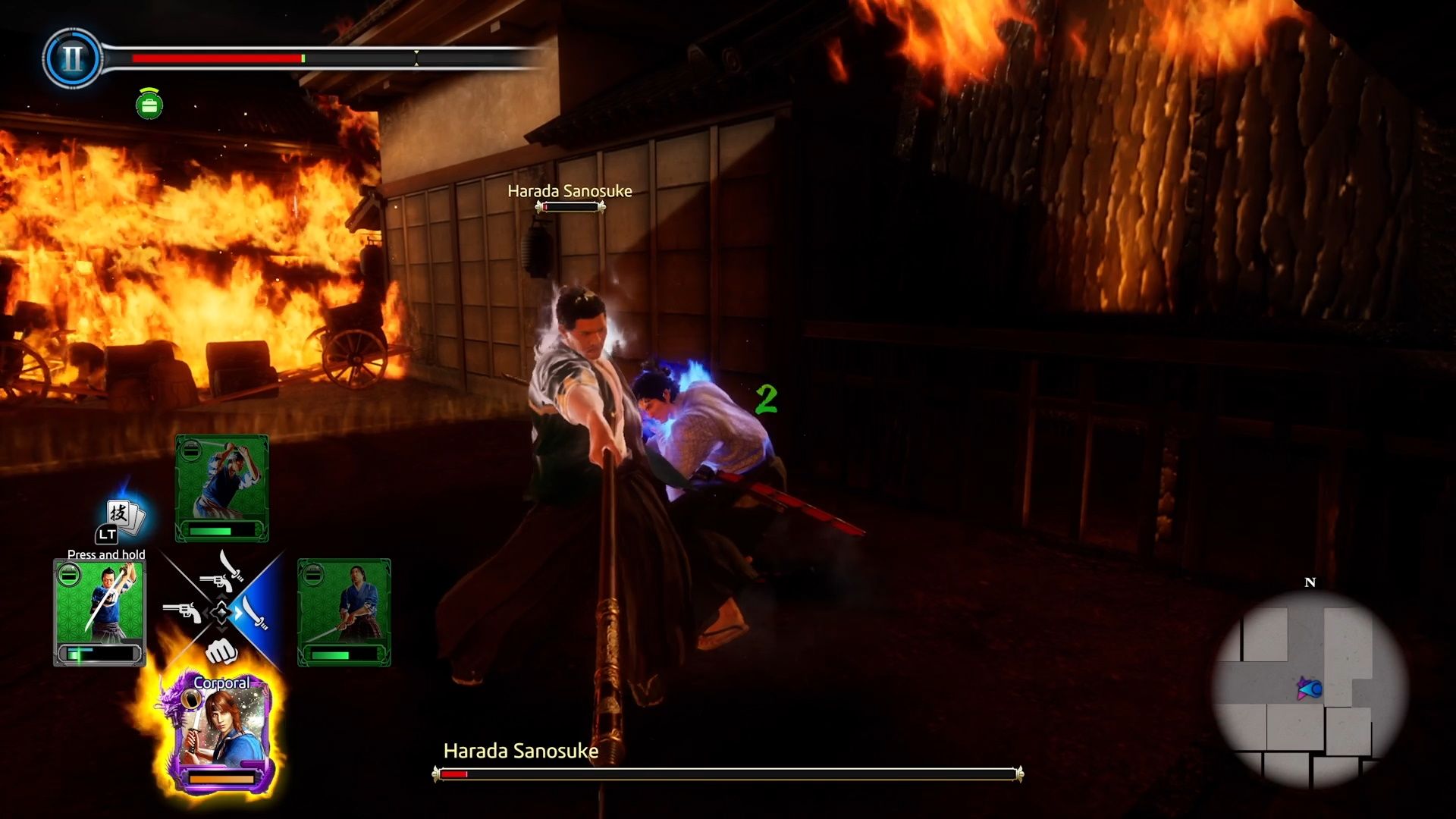 Like A Dragon Ishin, Dodging past Harada as he performs his big spear thrust
