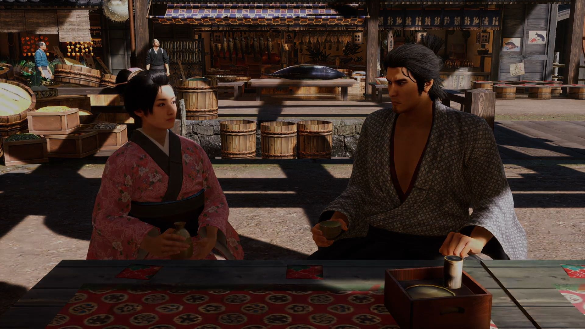 Like A Dragon Ishin, Oryo sharing a drink with Ryoma