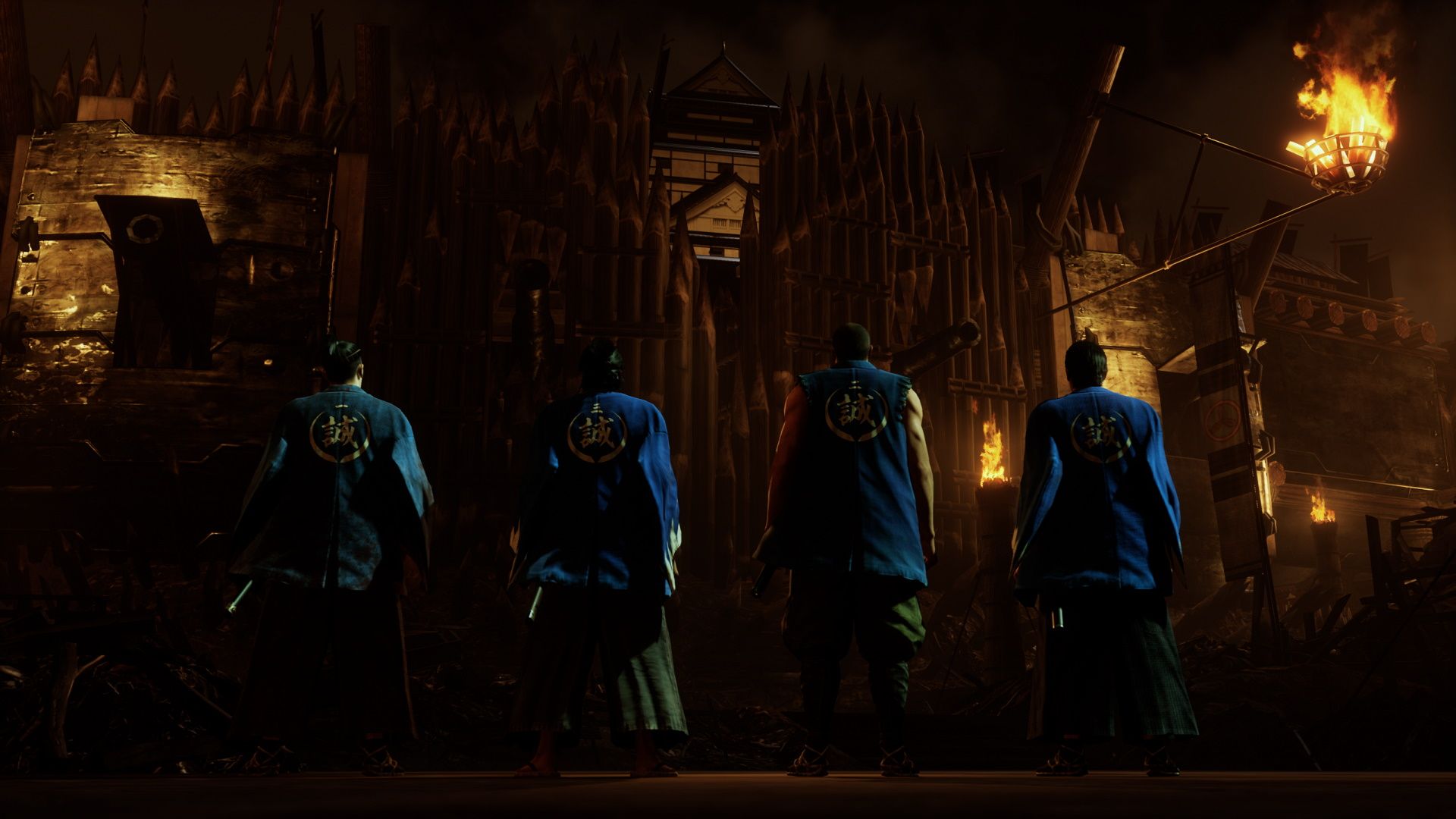 Like A Dragon Ishin, Ryoma and his boys stating down Takechi's fortress