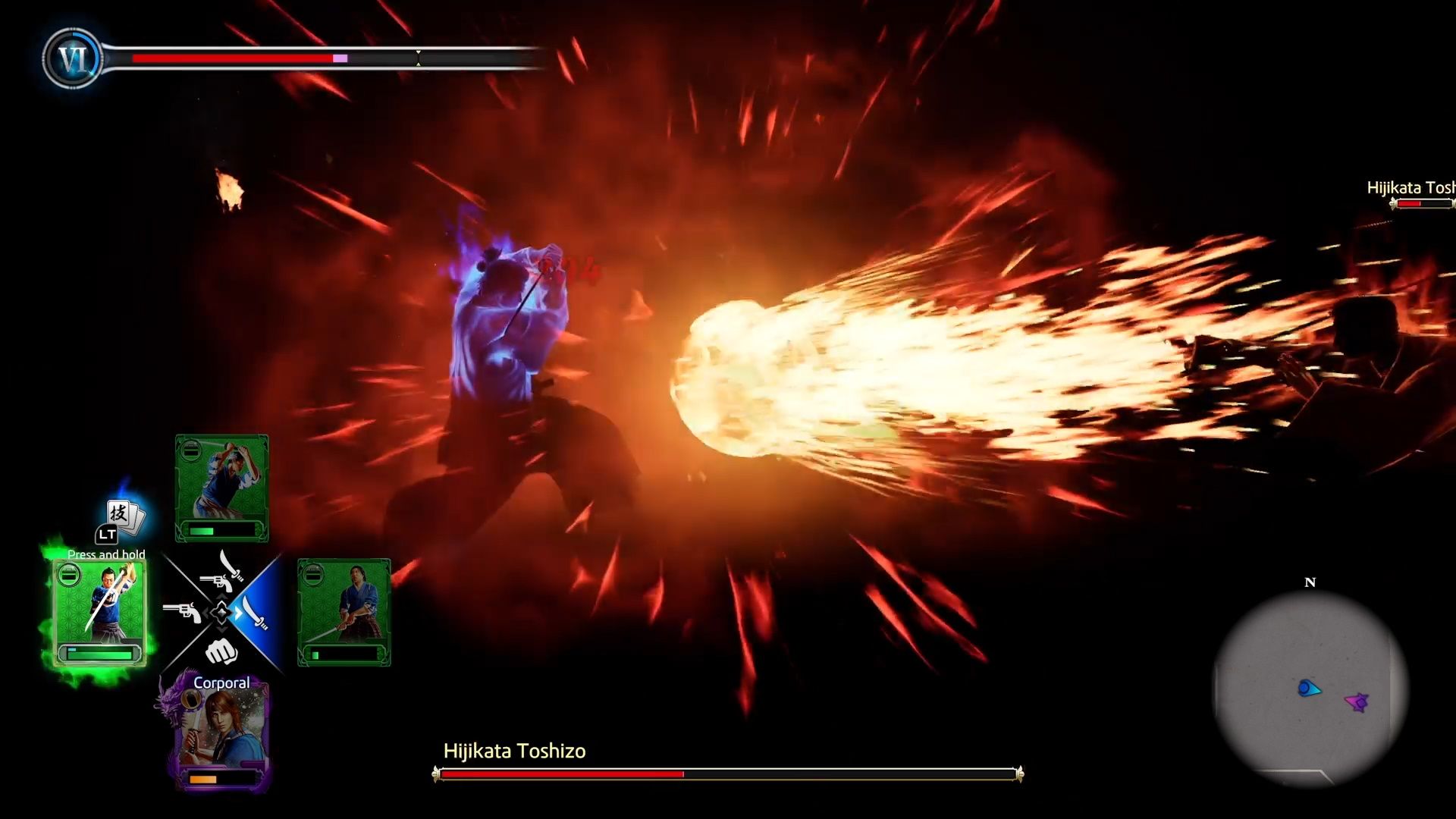 Like A Dragon Ishin, Ryoma blocking Hikikata's Fireballs