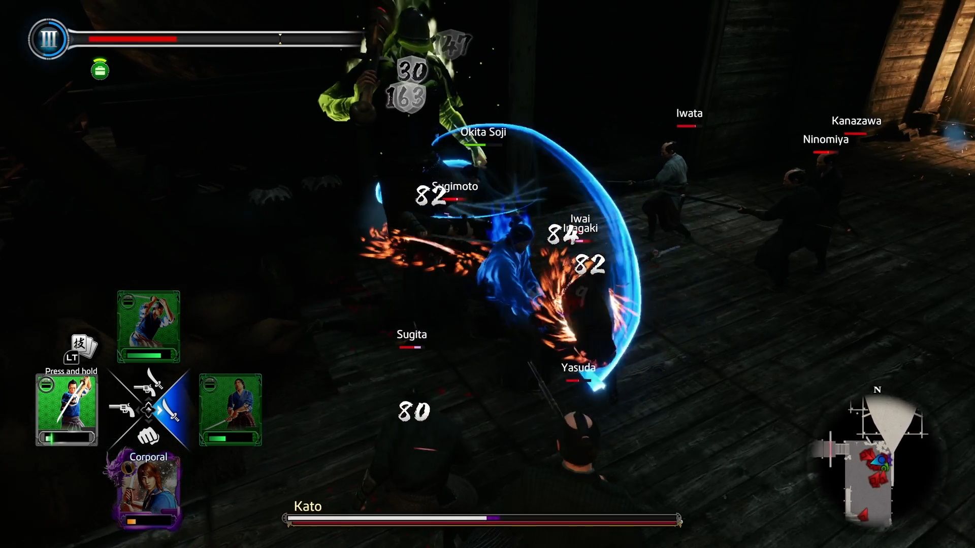 Like A Dragon Ishin, Ryoma clearing out the gunmen while fighting the giant