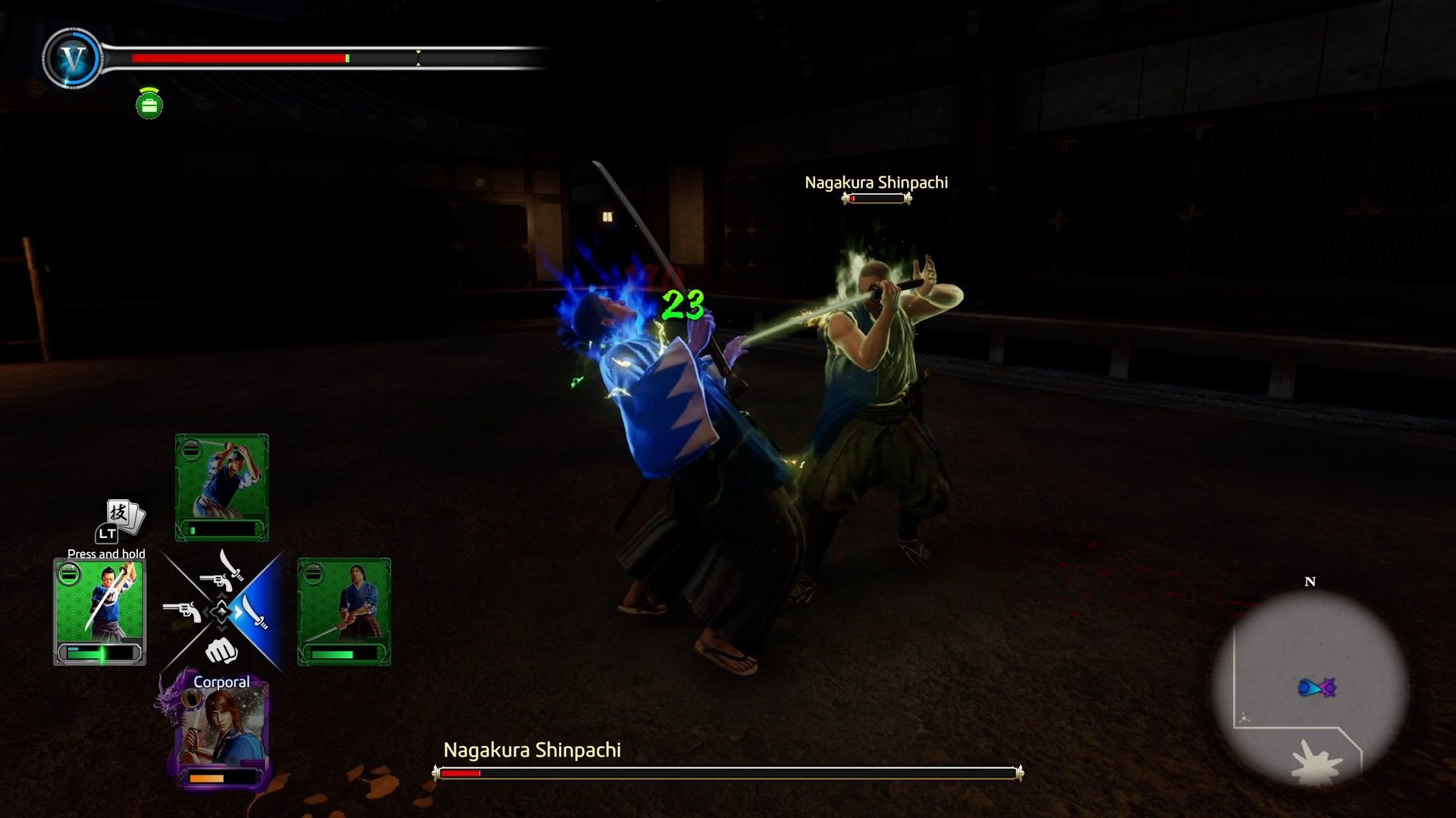 Like A Dragon Ishin, Ryoma getting shocked by Nagakura's electrified sword attack