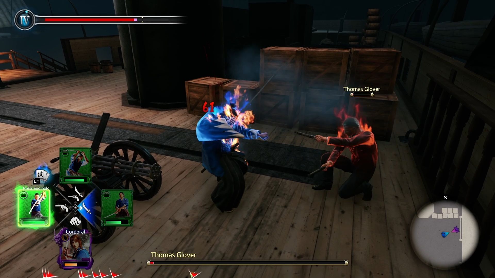 Like A Dragon Ishin, Ryoma on fire from one of Glover's attacks