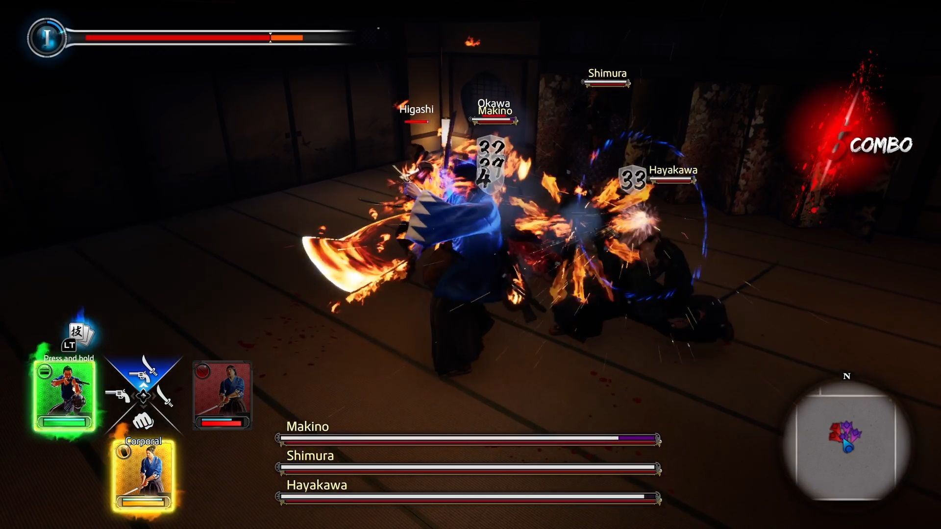 Like A Dragon Ishin, Ryoma slashing the group of armored samurai