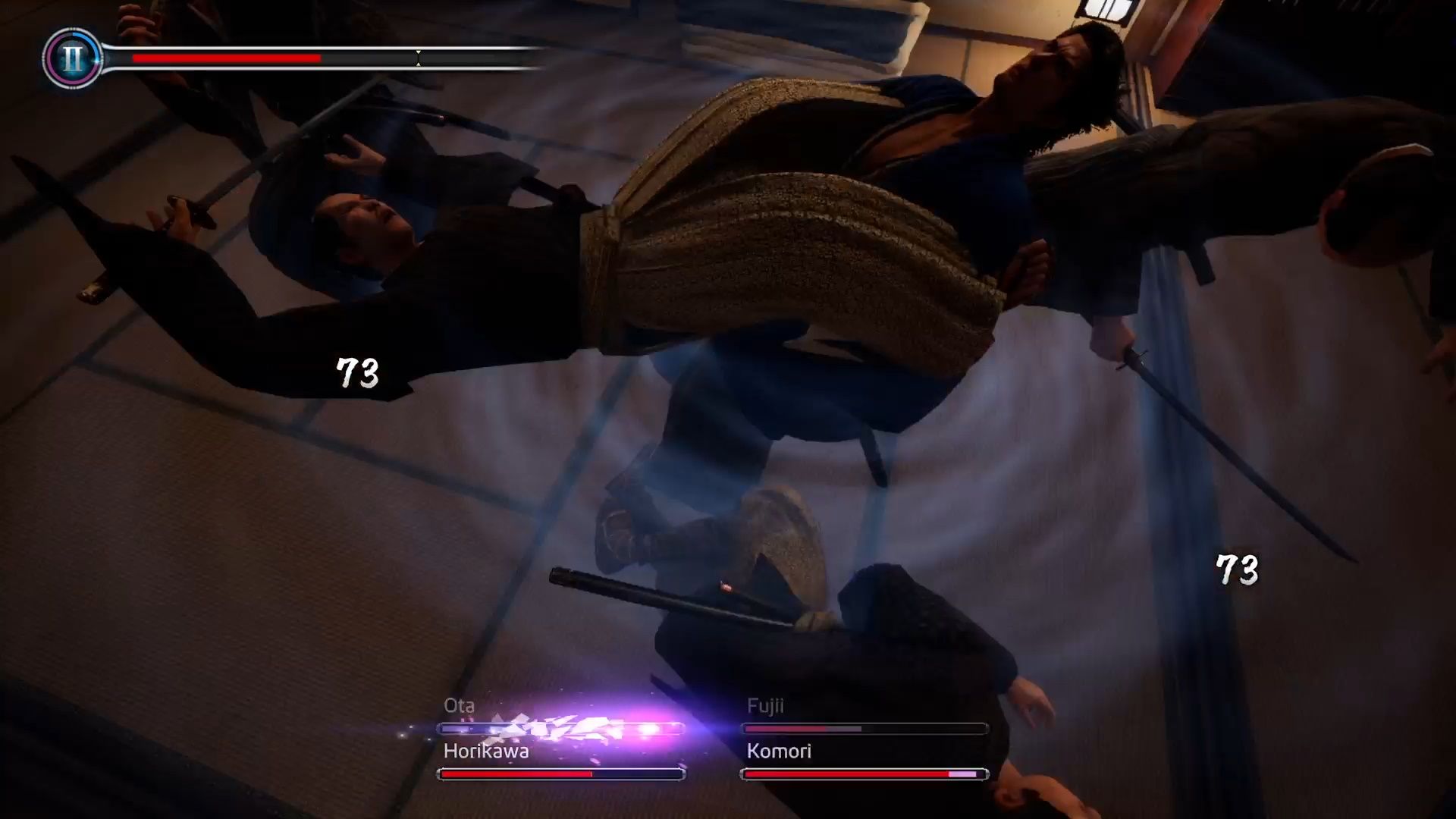 Like A Dragon Ishin, Ryoma using his trusty big swing attack to take out multiple enemies