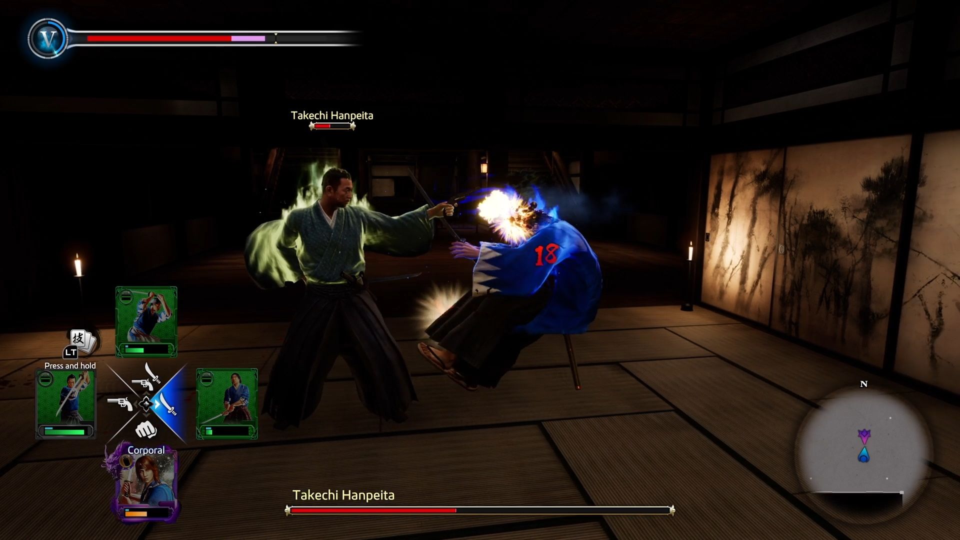 Like A Dragon Ishin, Takechi breaking Ryoma's guard and blasting him