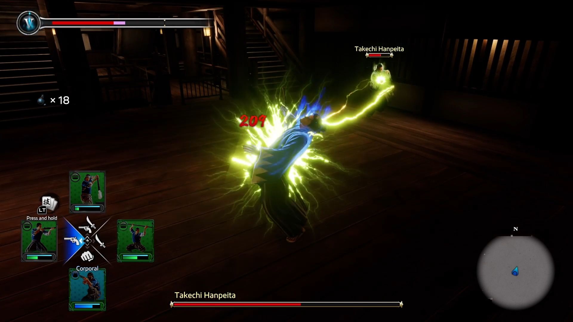 Like A Dragon Ishin, Takechi hitting Ryoma with his lightning attack