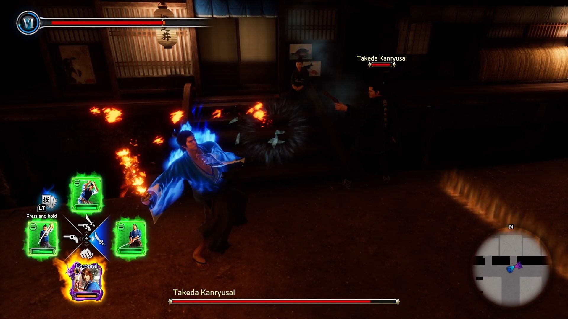 Like A Dragon Ishin, Takeda breaking Ryoma's guard with a shot from his gun