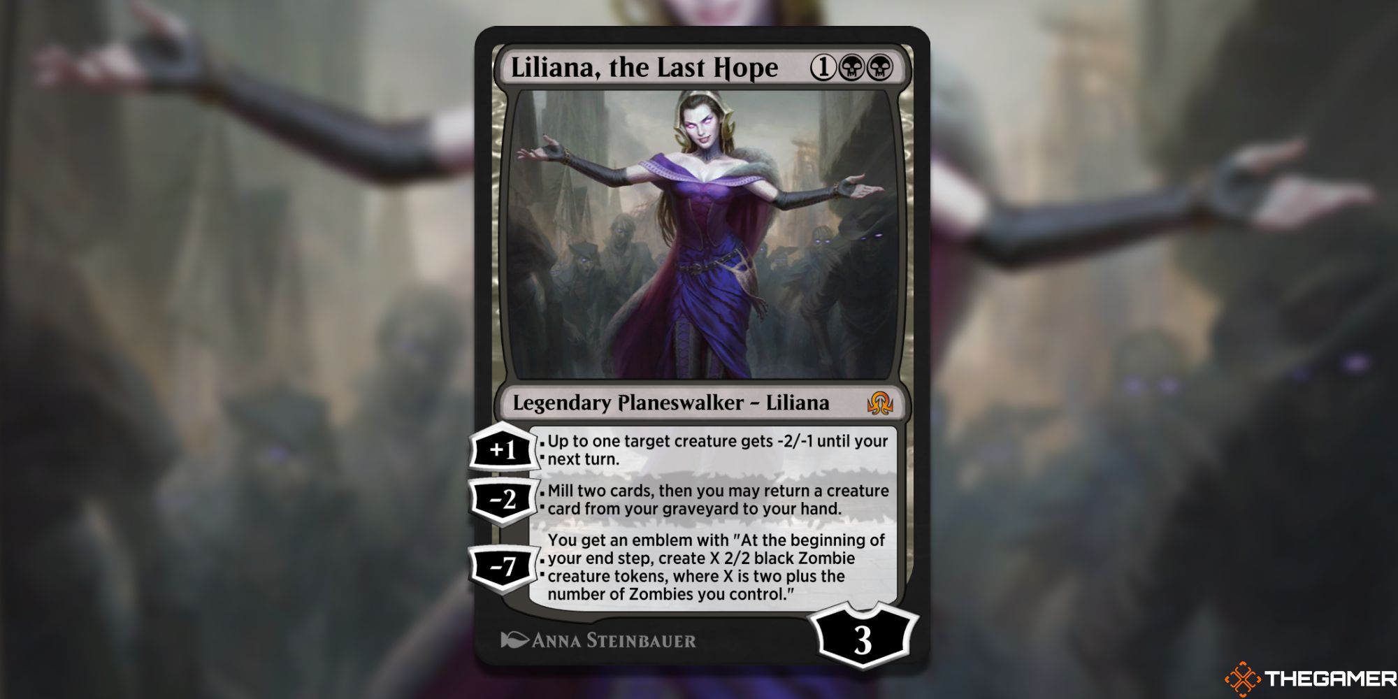 Image of the Liliana the Last Hope card in Magic: The Gathering, with art by Anna Steinbauer
