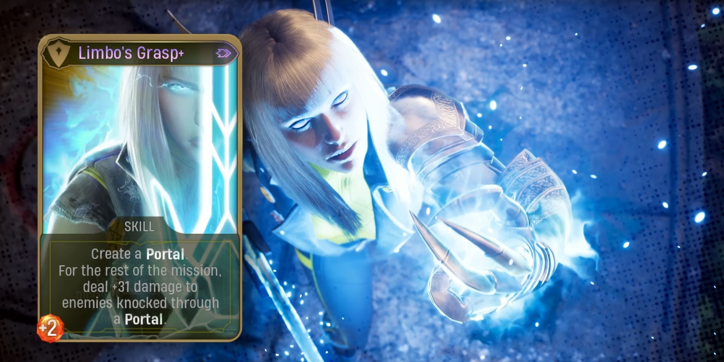 The Limbo's Grasp card and Magik raising her clawed hand into the air, glowing bright blue