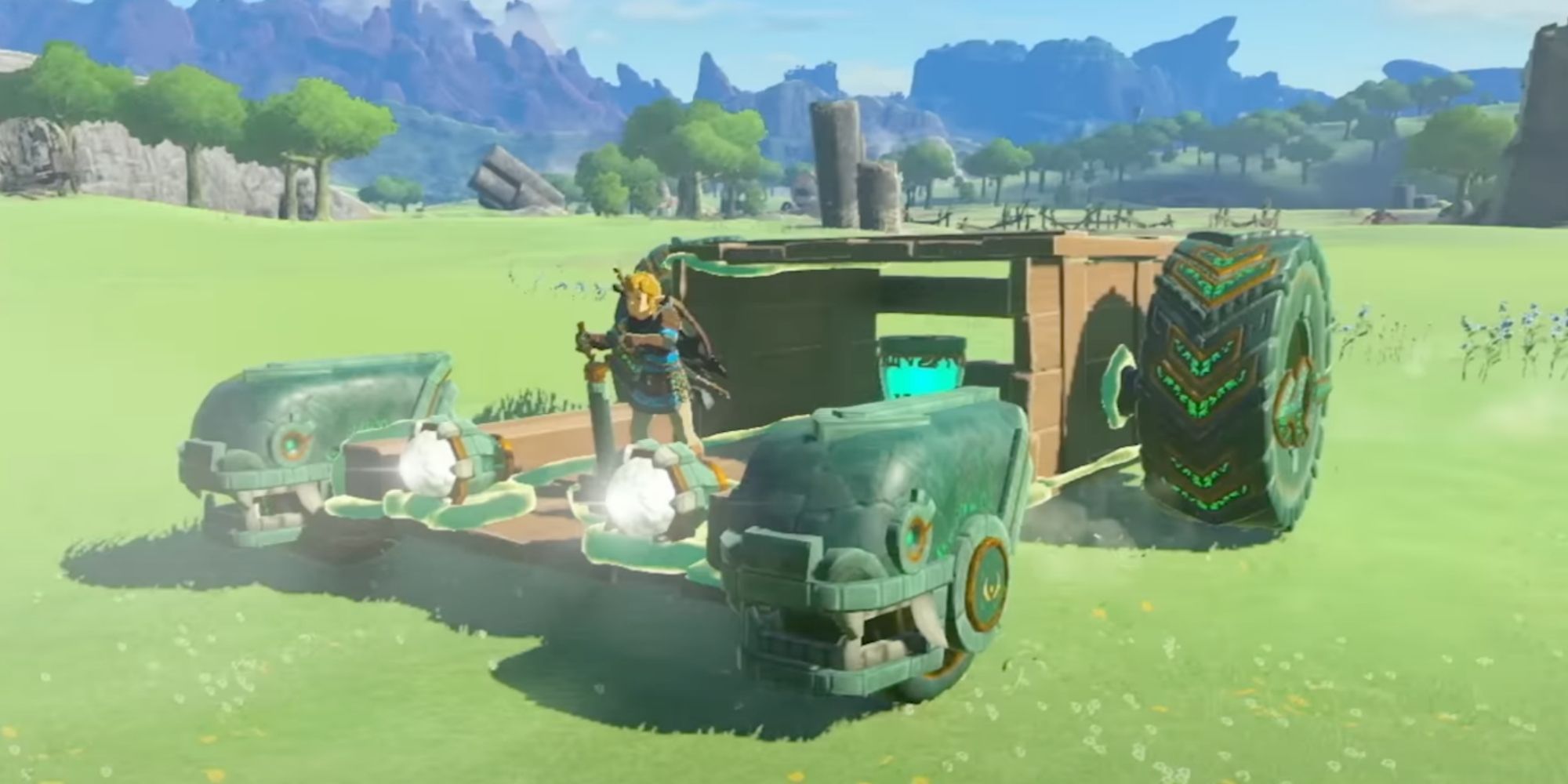 Link Driving A Fused Vehicle Through Hyrule Field In Tears Of The Kingdom Gameplay Trailer