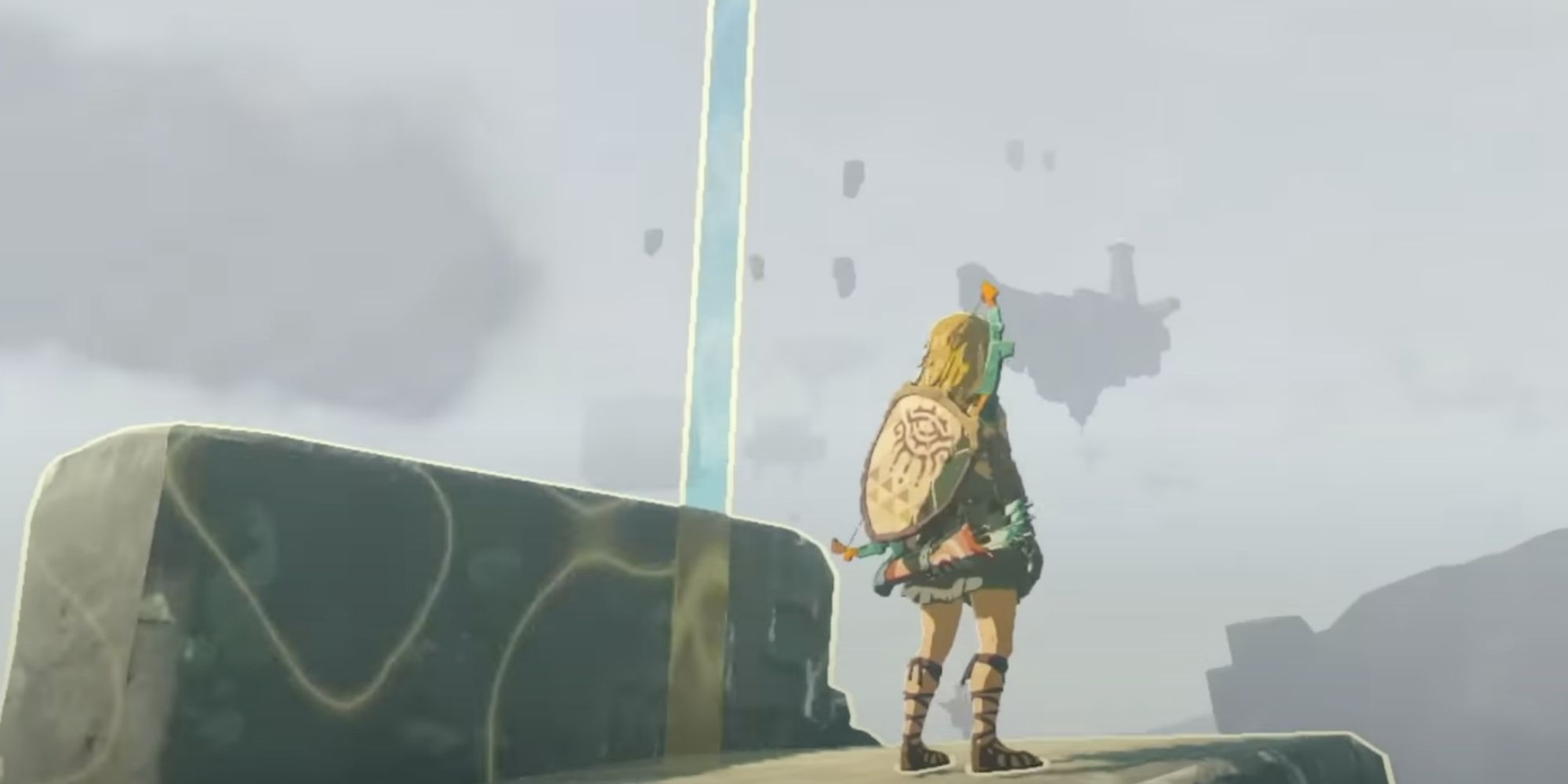 Link Moving Upward On A Stone Past Sky Islands