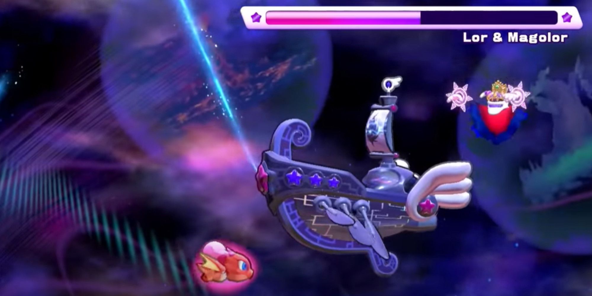 Kirby and Landia battling Magolor and his airship, the Lor Starcutter