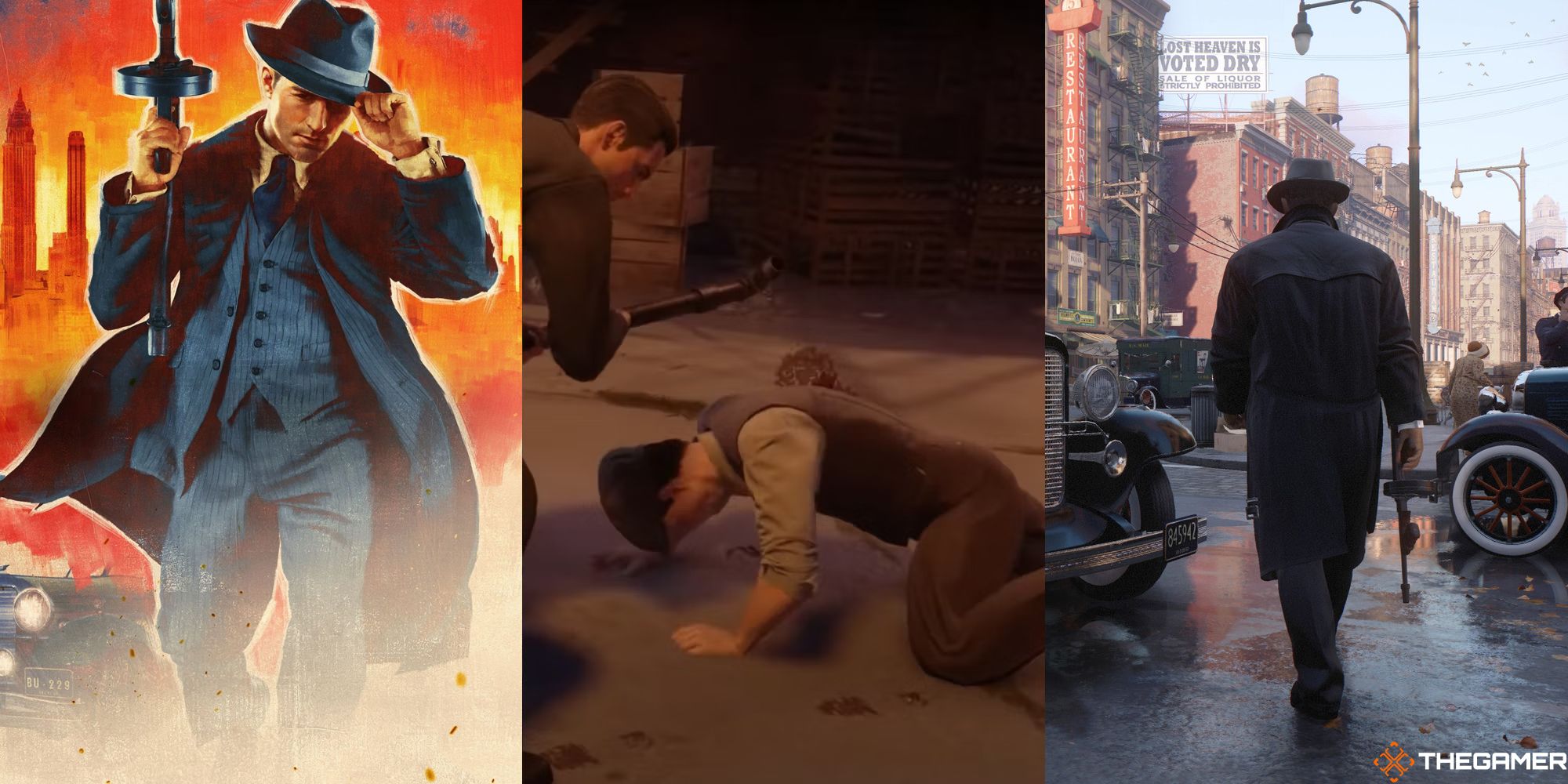 Various weapons in Mafia Definitive Edition, including Tommy guns and a lead pipe.