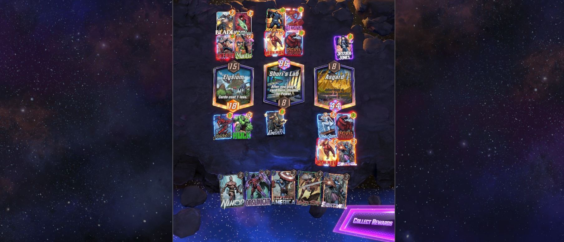 The end of a match in Marvel Snap where the player side used Devil Dinosaur, Iron Man, and many more cards.