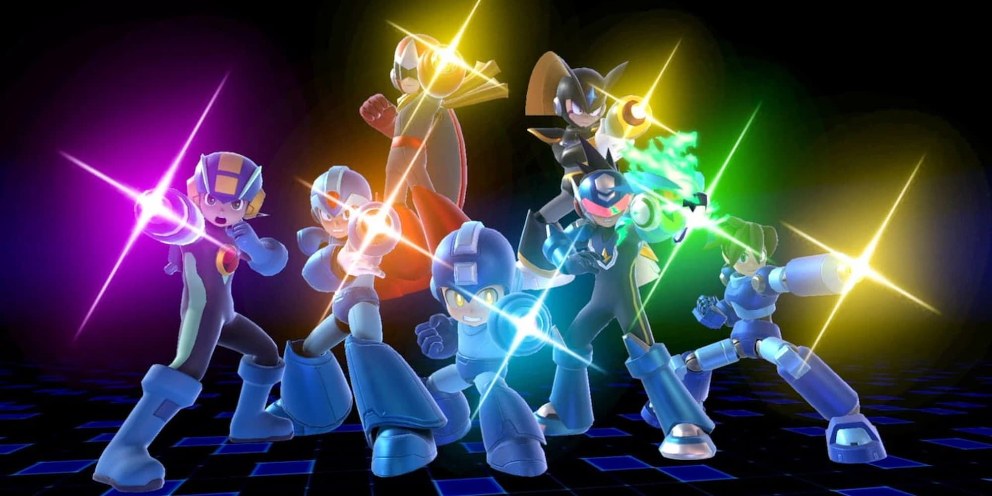 Multiple versions of Mega Man stand together, pointing their arm cannons forward, during the Final Smash move in Super Smash Bros.