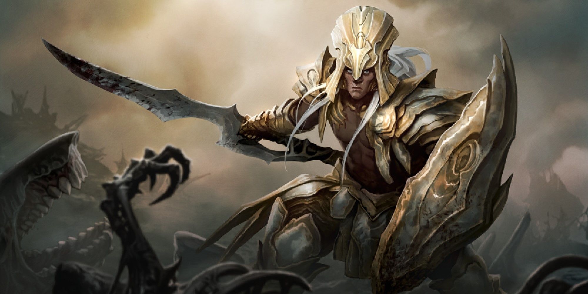 MTG A Mirran warrior with a sword and shield, standing among fallen Phyrexians