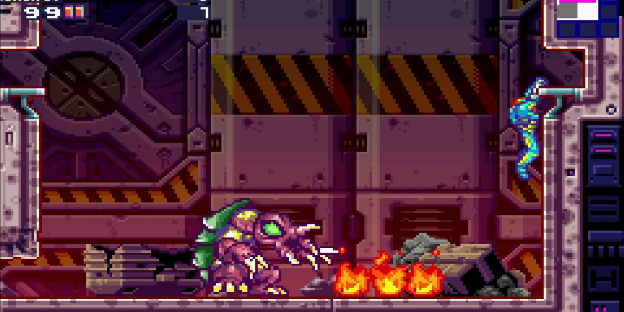 Samus clings onto a wall while Arachnus attacks from below