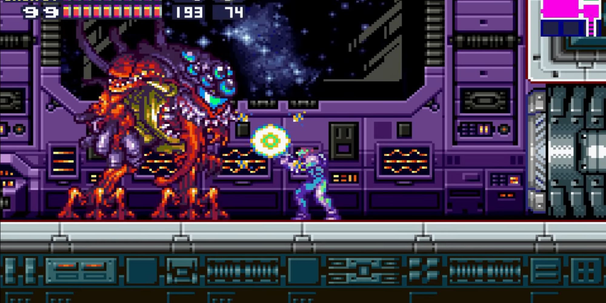 Samus shoots at the SA-X's final form 
