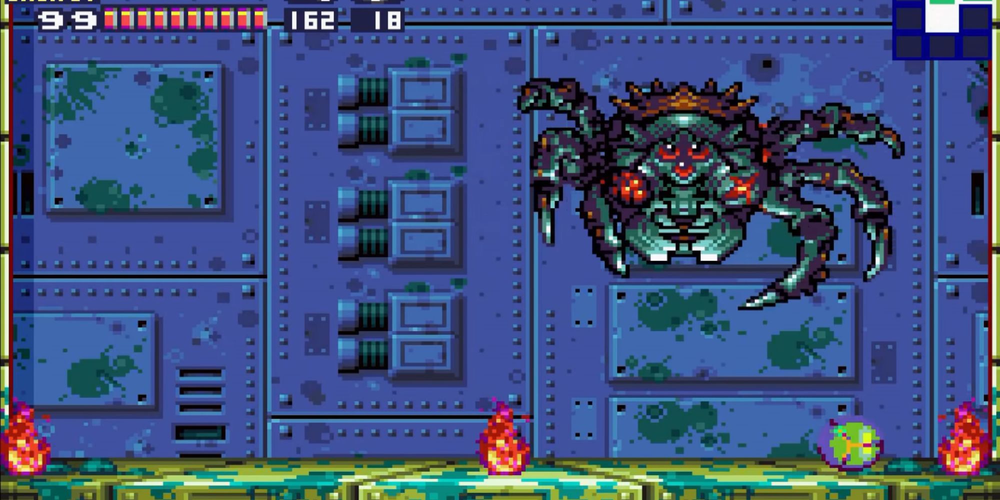 Samus hides in a Morph Ball while Yakuza spits fire from above