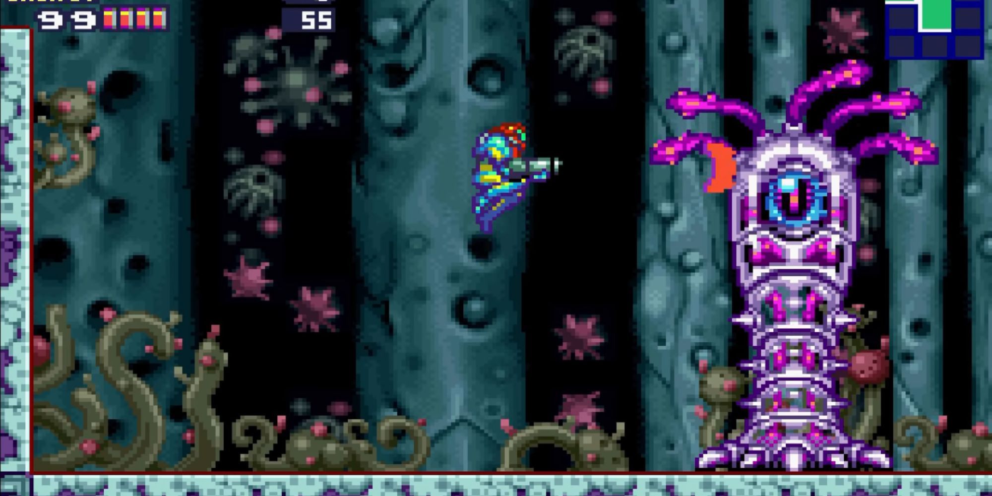 Samus jumps toward Zazabi in a dark cave
