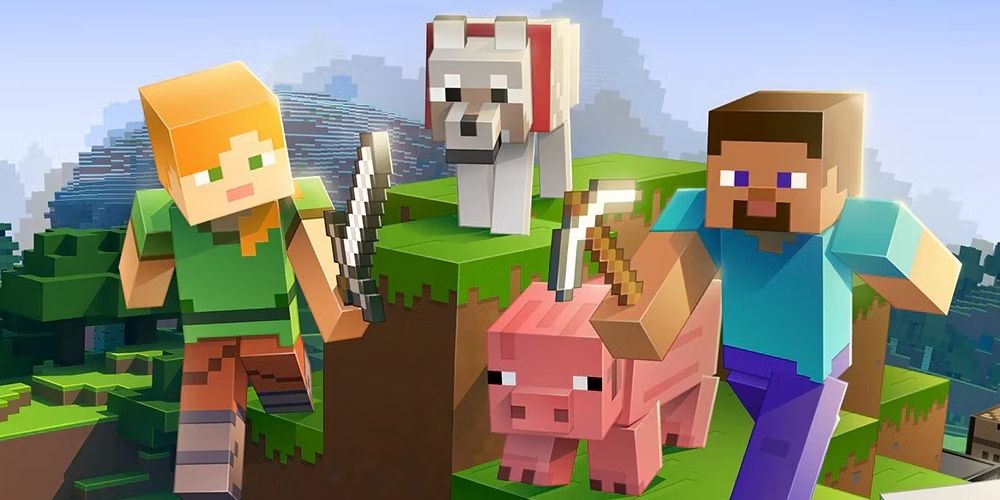 Minecraft Steve, Alex, Wolf, and Pig heading towards camera