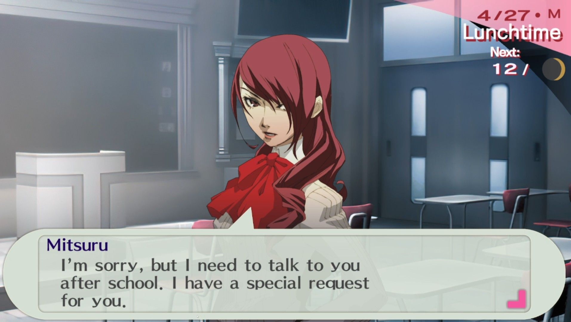 mitsuru asking the female protagonist about joining the student council in persona 3 portable