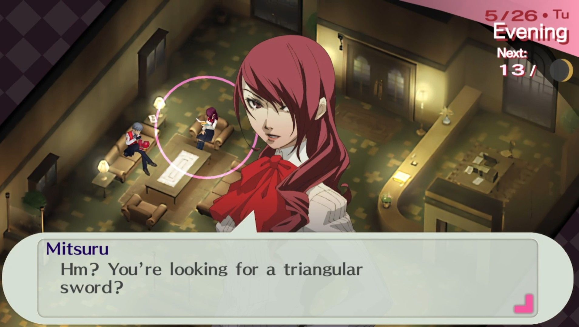 mitsuru on 5-26 giving you the triangular sword for your velvet room request in persona 3 portable