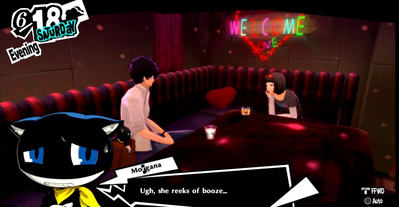 morgana telling joker that ohya reeks of booze at crossroads bar in persona 5 royal