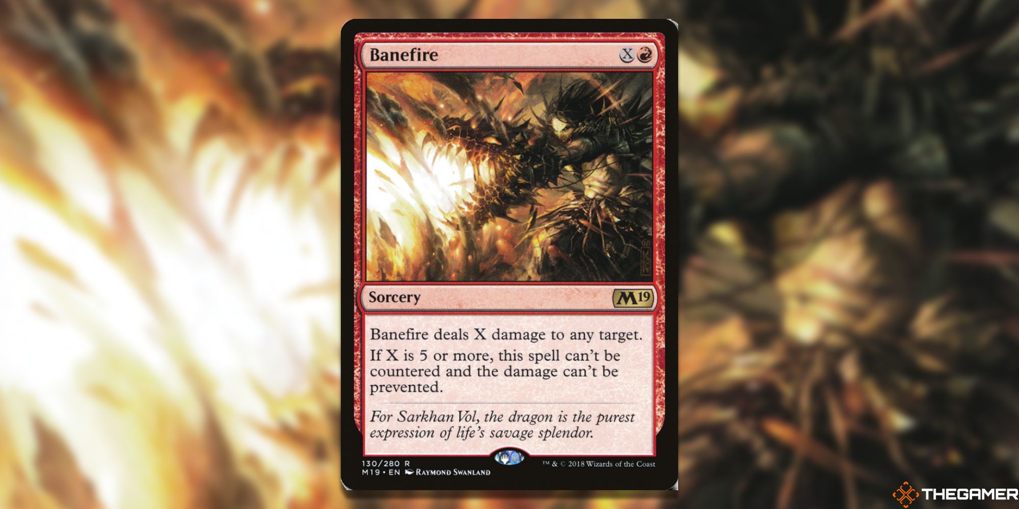Image of the Banefire card in Magic: The Gathering, with art by Raymond Swanland