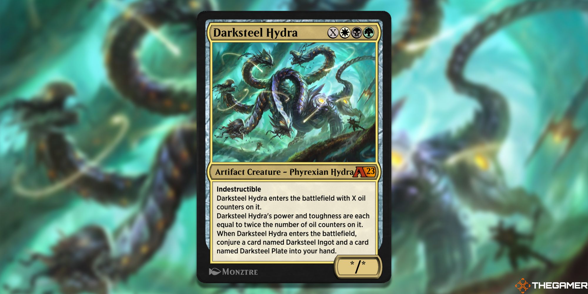 Image of the Darksteel Hydra card in Magic: The Gathering, with art by Monztre