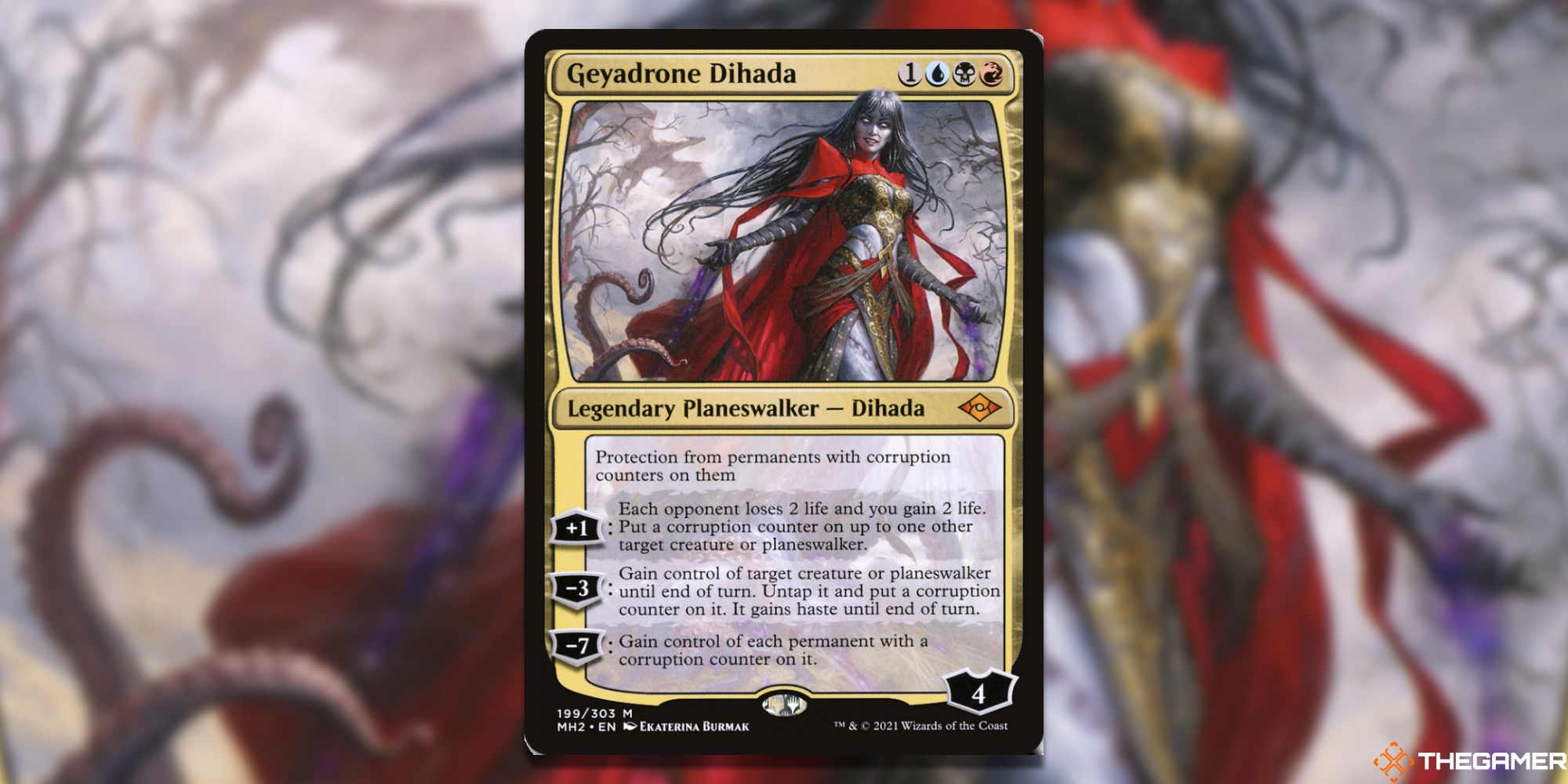 Image of the Geyadrone Dihada card in Magic: The Gathering, with art by Ekaterina Burmak