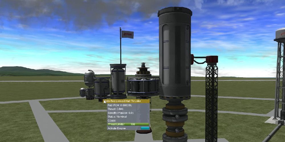 Near Future Propulsion Engines Lined up on rack in Kerbal Space Program