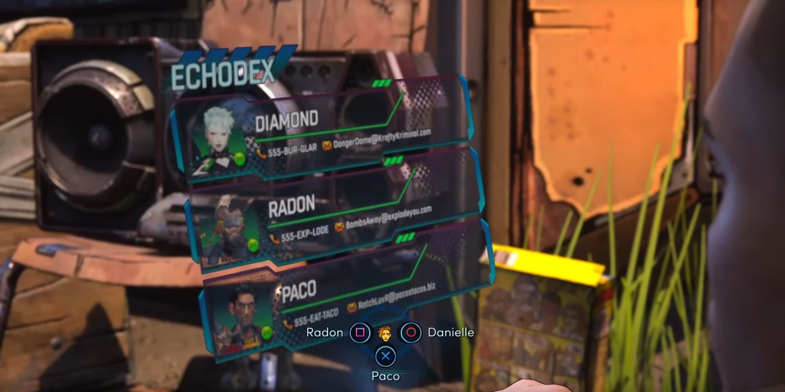 A holographic phone screen showing three available contacts for Octavio: Diamond, Radon, and Paco