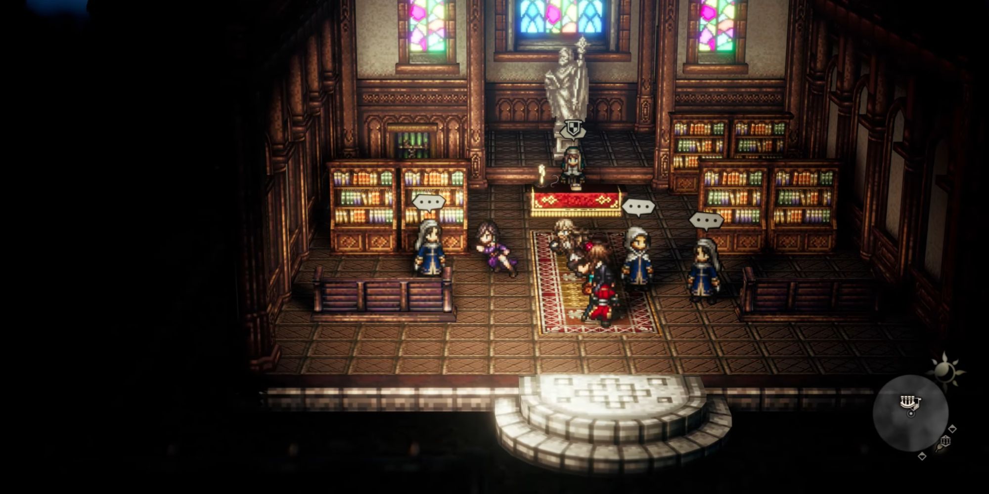 The party approaching a lady in the Church Library found in Borderfall in Octopath Traveler 2