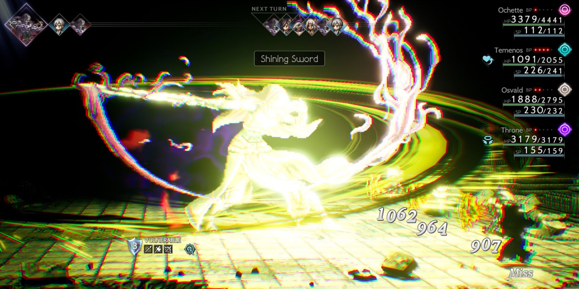 Octopath Traveler 2 - Cubayri using Shining Sword on the party
