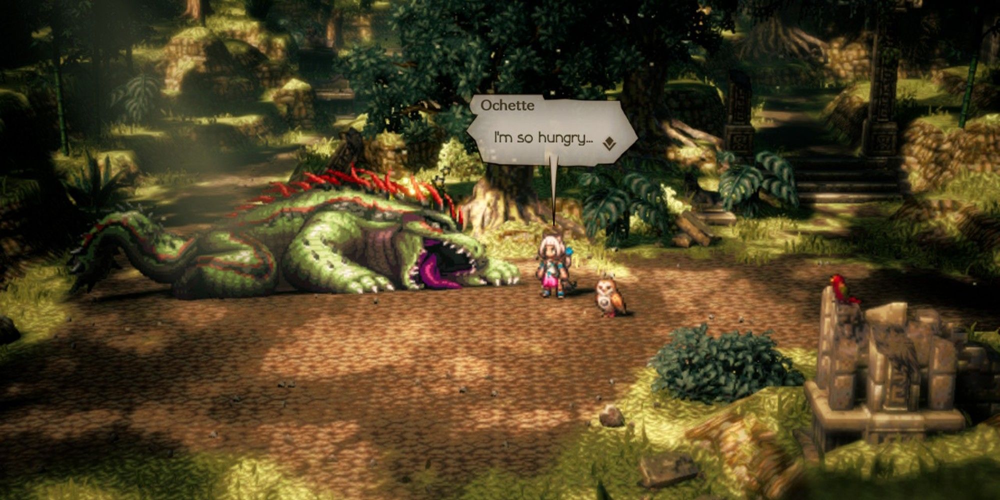 Octopath Traveler 2 defeated Iguana by Ochette saying she's hungry