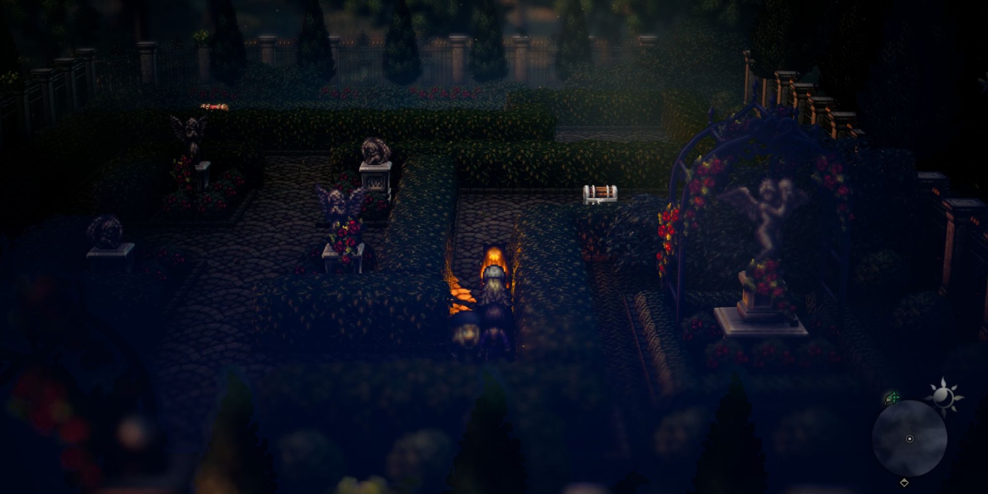 Octopath Traveler 2 - The hedge maze in mother's garden