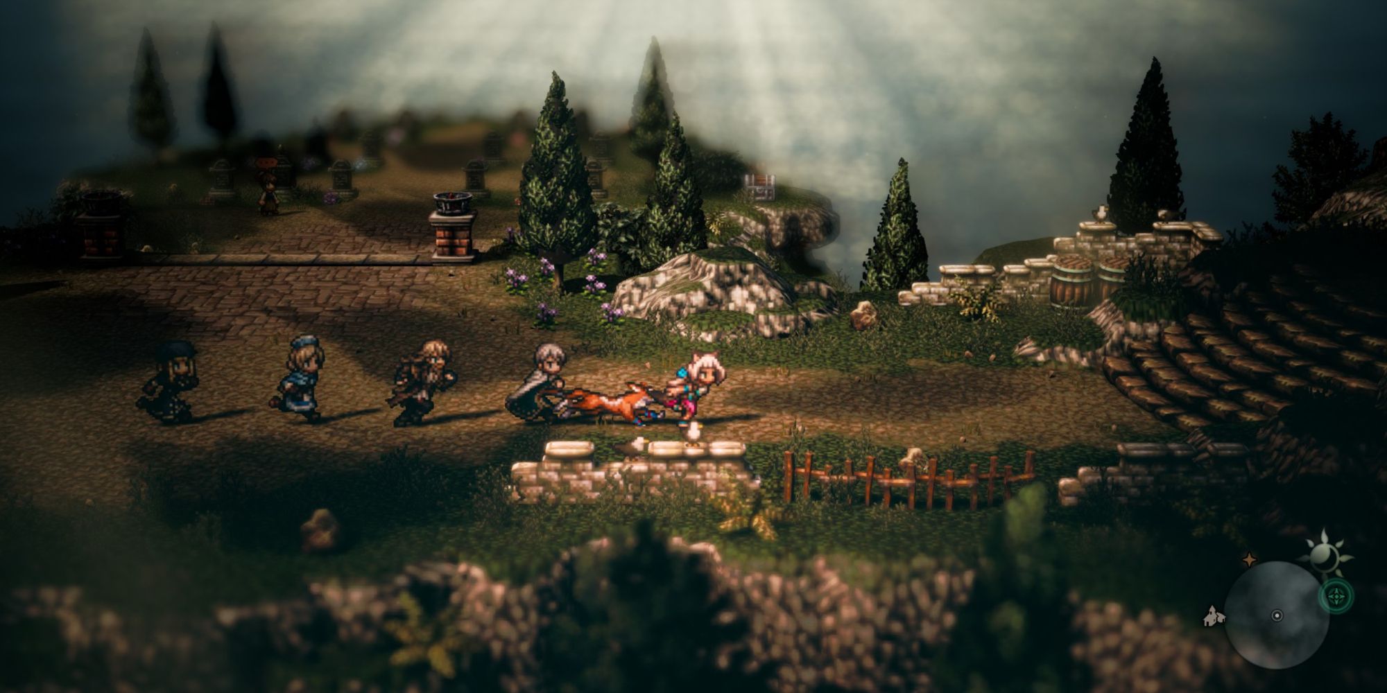 Octopath Traveler 2 - The party heading to Osvald's house