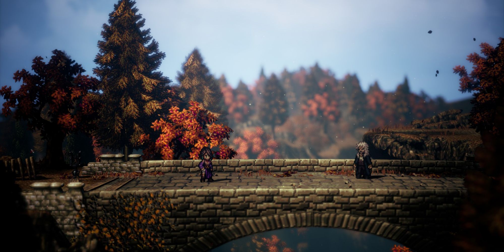 Octopath Traveler 2 - Throne and Father on the bridge near Montwise