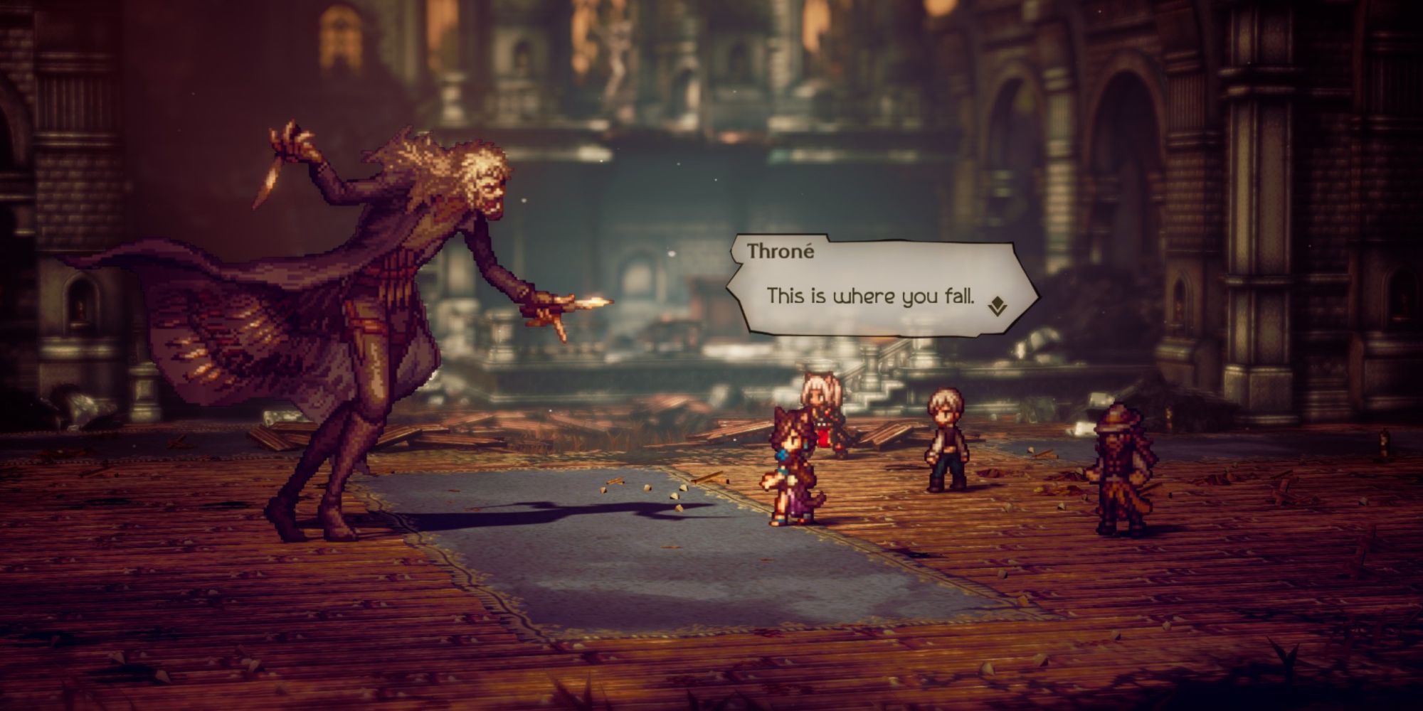 Octopath Traveler 2 - Throne confronting Father in battle